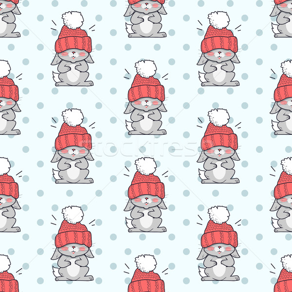 Little Rabbit in Big Red Hat Seamless Pattern. Stock photo © robuart