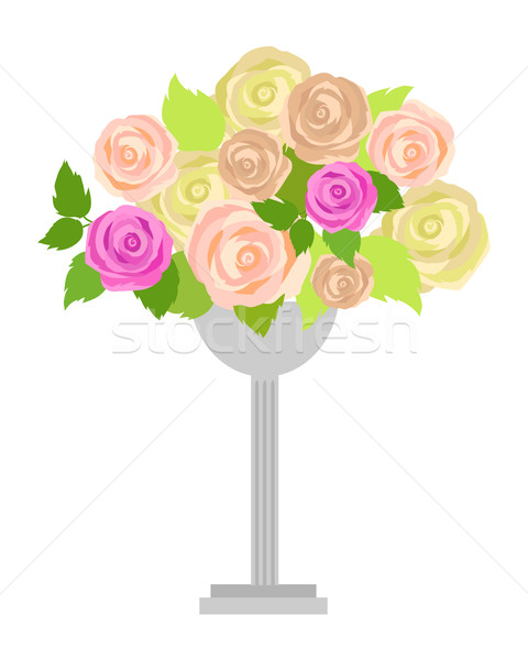 Foto stock: Buquê · de · casamento · rosa · branco · verde · rosas · vaso