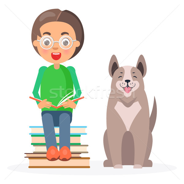 Child in Glasses Sitting with Books and Husky Stock photo © robuart