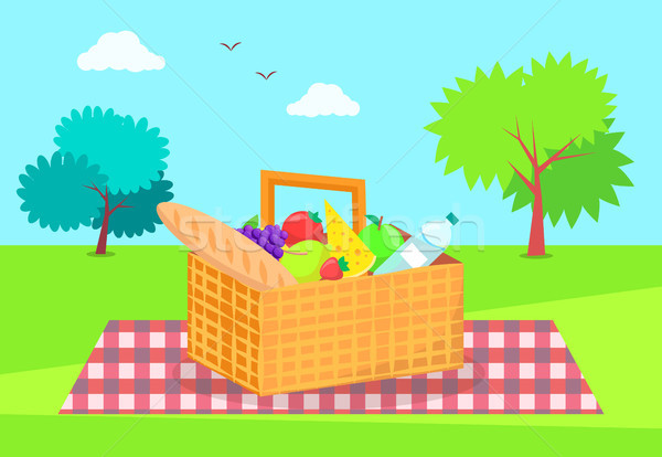 Stockfoto: Picknickmand · verse · groenten · vruchten · lang · brood