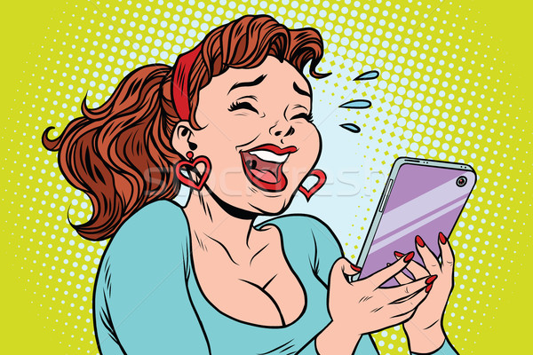 Komiks dziewczyna śmiechem łzy czytania smartphone Zdjęcia stock © rogistok