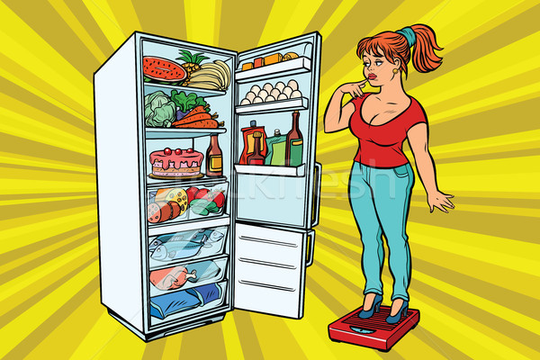 Diet. Young woman on scales, stand next to the refrigerator with Stock photo © rogistok