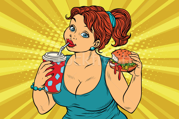 Młoda kobieta pitnej cola jedzenie burger pop art Zdjęcia stock © rogistok