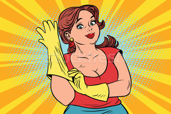 Vrouw rubberen handschoenen werkster schoonmaken komische cartoon Stockfoto © rogistok