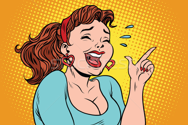 Jonge vrouw lachend tranen punten vinger komische Stockfoto © rogistok