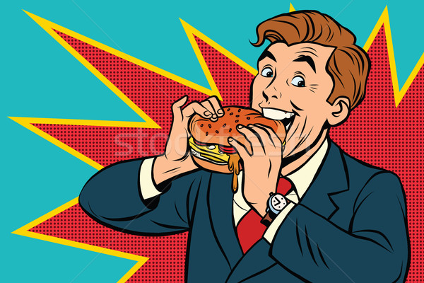 Pop art człowiek jedzenie burger retro komiks Zdjęcia stock © rogistok