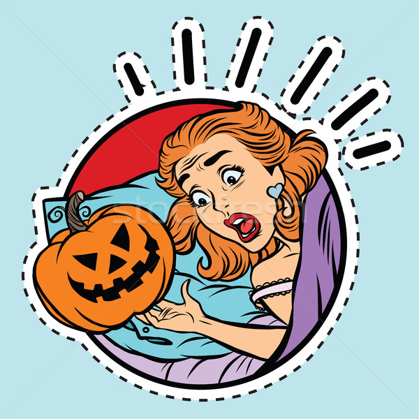 Lány ijedt halloween gonosz sütőtök pop art Stock fotó © rogistok