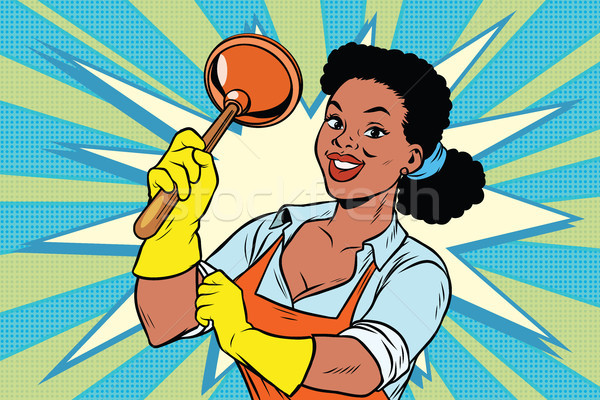 Cleaner with a plunger. African American people Stock photo © rogistok