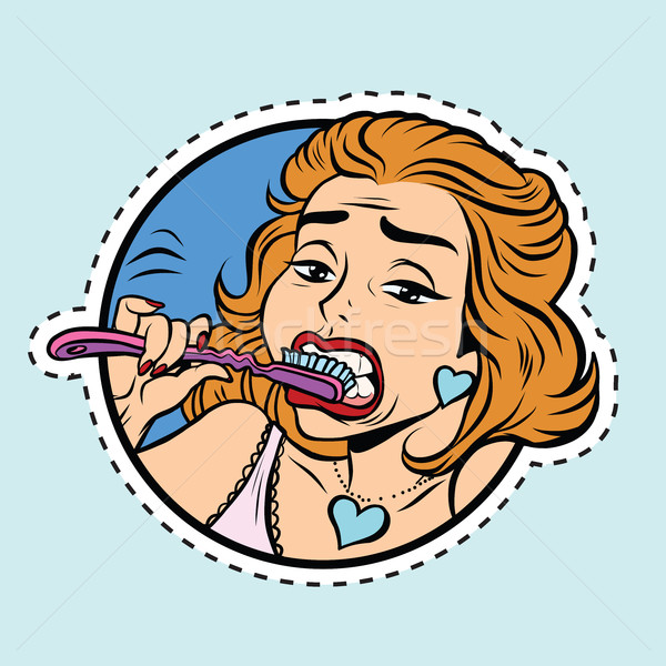 美麗的姑娘 刷牙 波普藝術 滑稽 插圖 標籤 商業照片 © rogistok