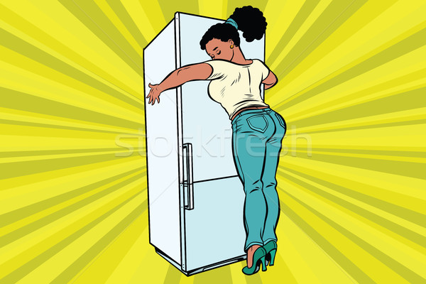 diet and food. Beautiful woman hugging home refrigerator Stock photo © rogistok