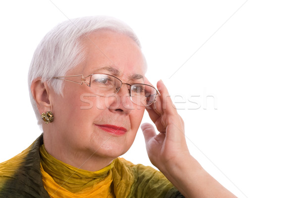 Stock foto: Senior · Frau · Kopfschmerzen · isoliert · weiß · Gesicht