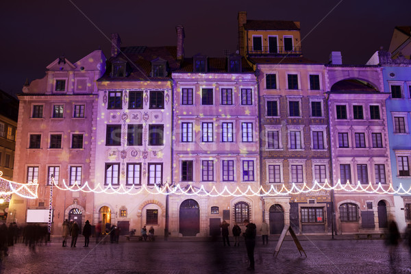 Terraced Historic Houses at Night in Warsaw Stock photo © rognar