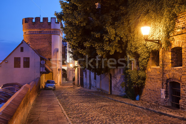 Foto stock: Rua · ponte · torre · noite · portão · medieval