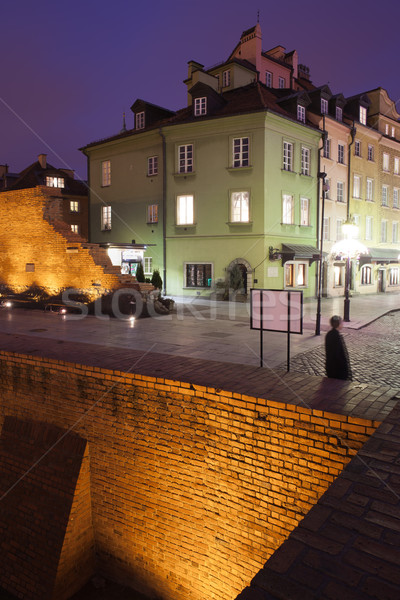 Warsaw Old Town Houses and City Wall at Night Stock photo © rognar