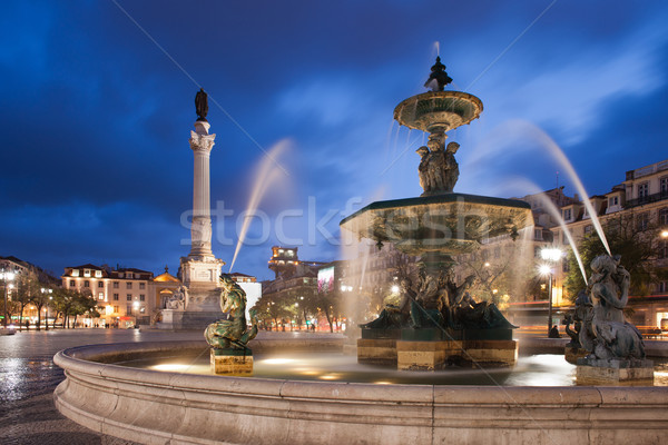 Fountain on Rossio Square in Lisbon by Night Stock photo © rognar