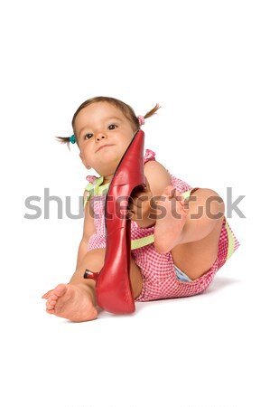 Foto stock: Menina · grande · vermelho · sapatos · brinquedos
