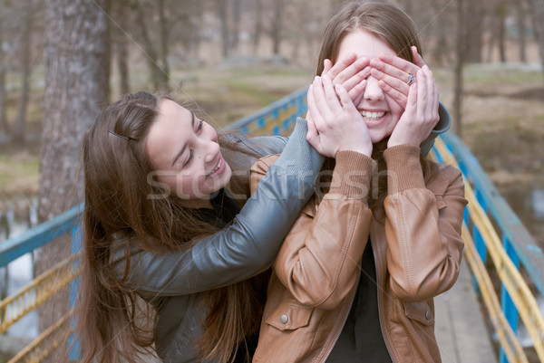 Gelukkig teen vrienden park twee Stockfoto © rosipro