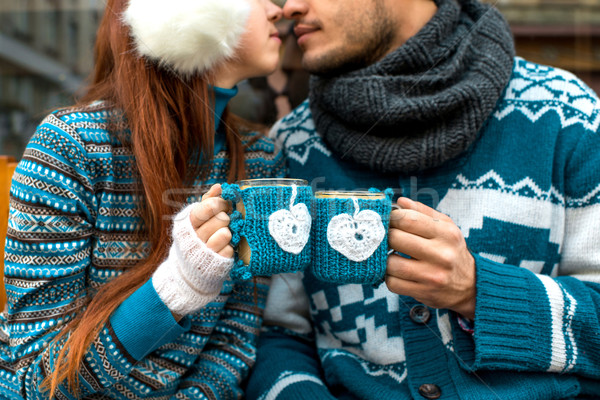 Pár kávéscsészék tél tart kötött szeretet Stock fotó © RossHelen