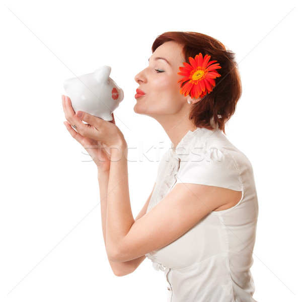 Perfekt Einsparungen Finanzierung Frau schauen Sparschwein Stock foto © rozbyshaka