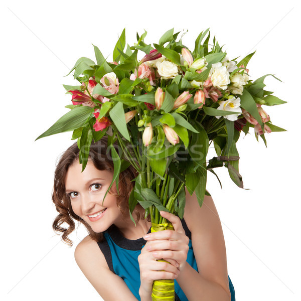 Stockfoto: Portret · mooie · brunette · boeket · bloemen