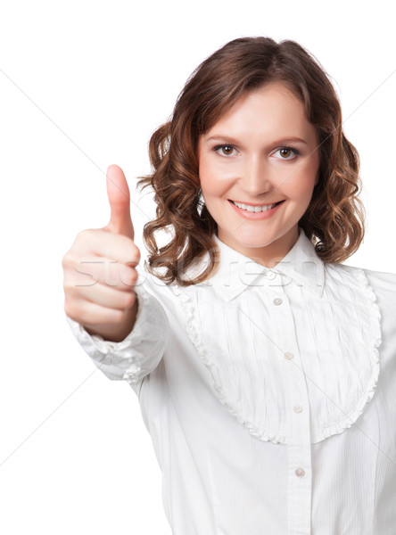 Szczęśliwy uśmiechnięty business woman znak ręką biały Zdjęcia stock © rozbyshaka