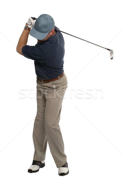Jucător de golf înapoi leagăn hibrid lemn Imagine de stoc © RTimages