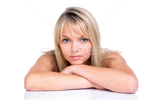 [[stock_photo]]: Belle · blond · yeux · bleus · femme · naturelles · isolé