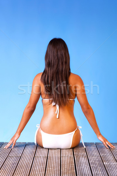 Nő fehér bikini befejezés móló hátsó nézet Stock fotó © RTimages