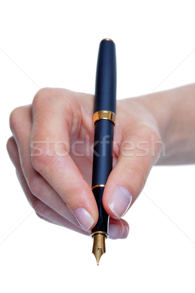 Foto stock: Mão · escrita · caneta-tinteiro · isolado · ouro