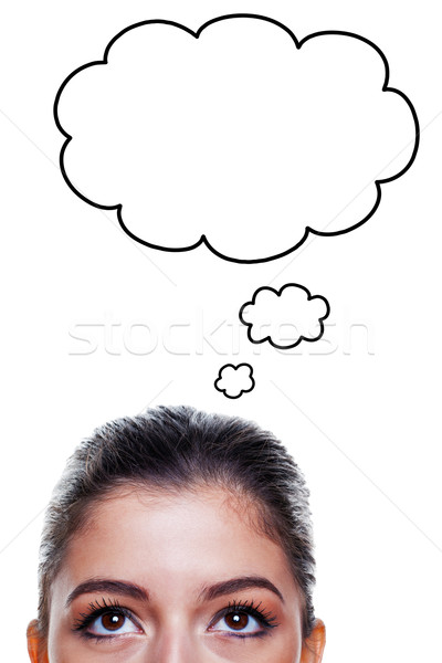 Kobieta myśl pęcherzyki brunetka duży brązowe oczy Zdjęcia stock © RTimages