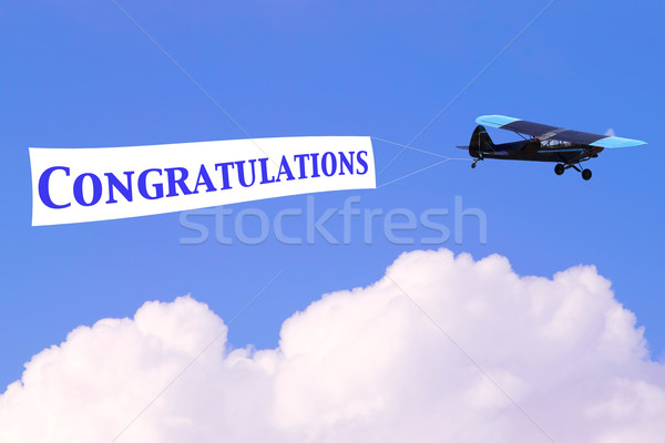Поздравляю самолет баннер слово синий хорошие Сток-фото © RTimages