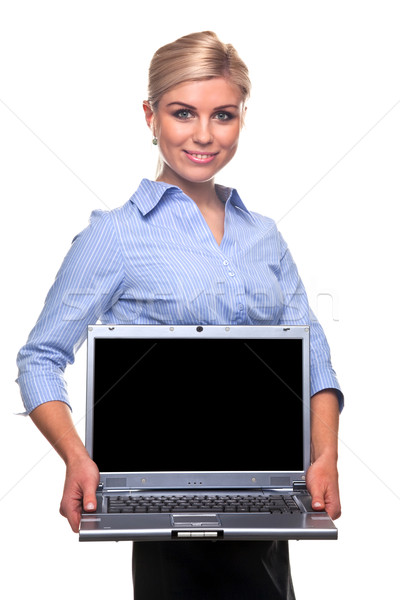 Foto stock: Rubio · portátil · espacio · de · la · copia · atractivo · mujer · de · negocios