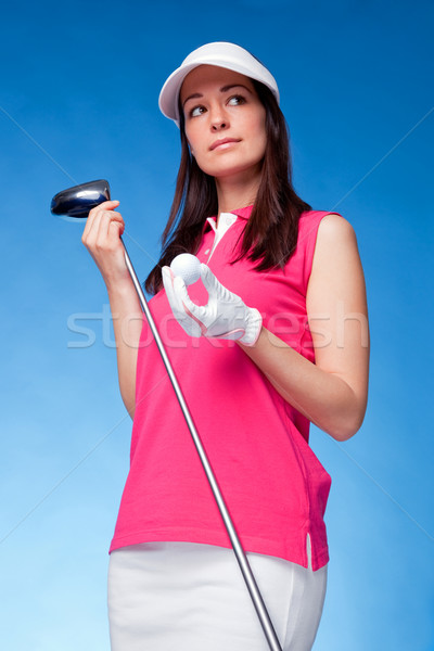 Imagine de stoc: Femeie · jucător · de · golf · şofer · minge · de · golf · cer