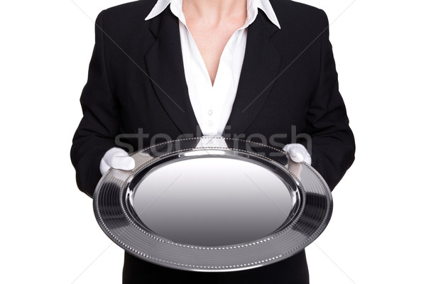 Femeie majordom argint tava izolat Imagine de stoc © RTimages
