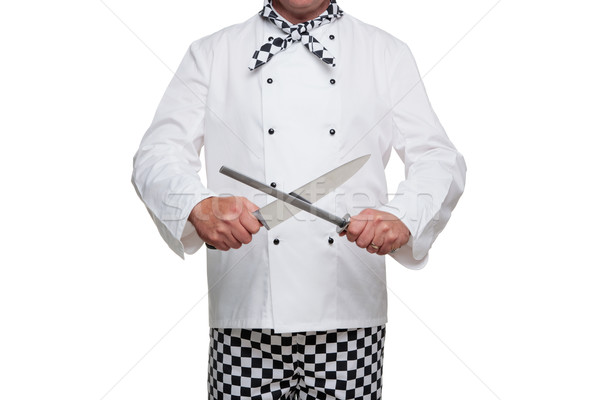 Foto stock: Chef · cuchillo · foto · uniforme · aislado · blanco