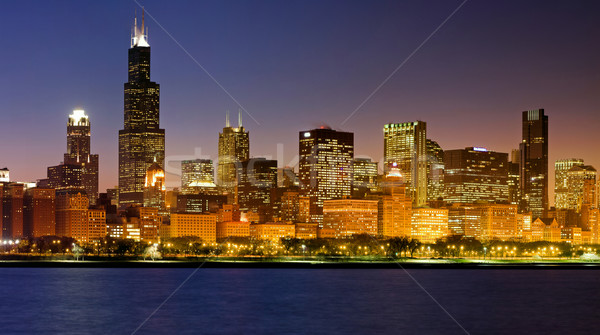 Stockfoto: Chicago · skyline · panoramisch · afbeelding · schemering