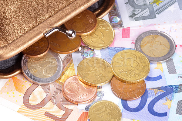 Pénz ki pénztárca Euro számlák érmék Stock fotó © ruigsantos