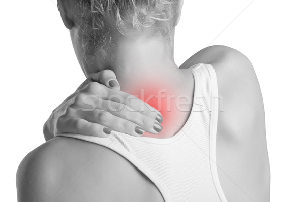 Sırt ağrısı genç kadın ağrı geri boyun siyah beyaz Stok fotoğraf © ruigsantos