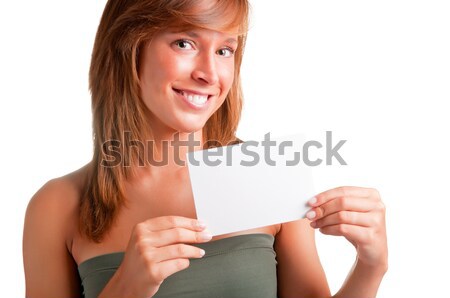 Stockfoto: Vrouw · tonen · visitekaartje · jonge · gelukkig