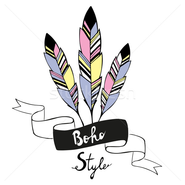 Stock Photo Vector Illustration Hand Drawn Bird Feathers With Ribbon In Boho Style