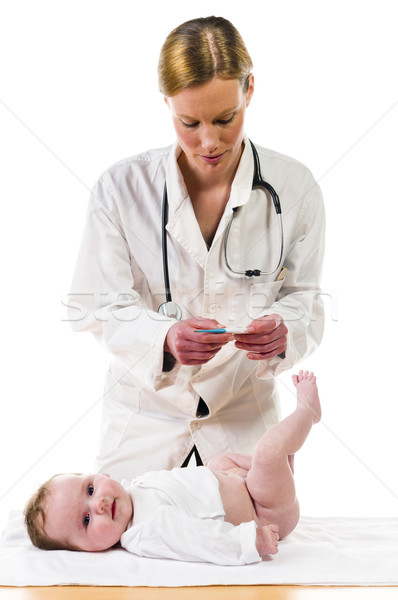 Foto stock: Verificar · corpo · temperatura · adulto · feminino · pediatra