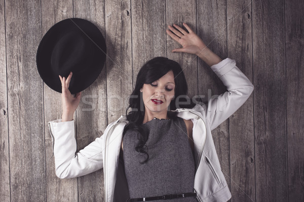 черный Hat элегантный долго темные волосы Сток-фото © runzelkorn
