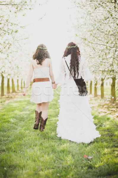 Primavera dois hippie meninas flor de cereja andar Foto stock © runzelkorn