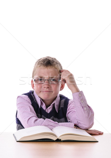 Iskolás fiú túlterhelt szőke fiú szemüveg ül Stock fotó © runzelkorn