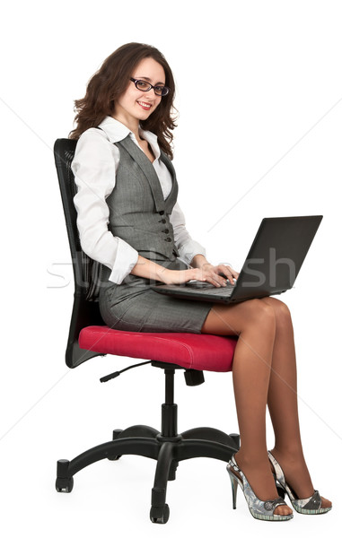 Foto stock: Negócio · morena · menina · cadeira · laptop · branco