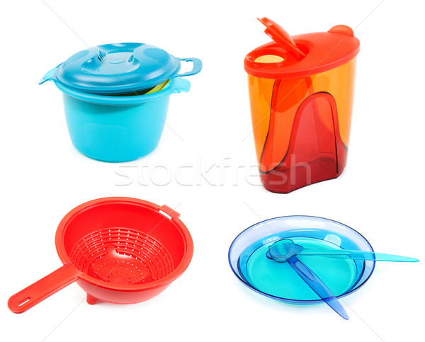 Collage plastic dishes on white background Stock photo © RuslanOmega