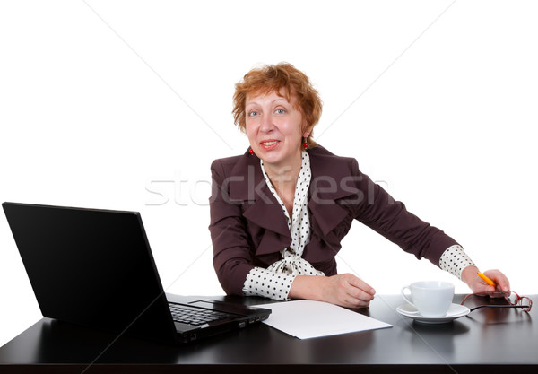 Foto stock: Mujer · mesa · portátil · estudio · blanco