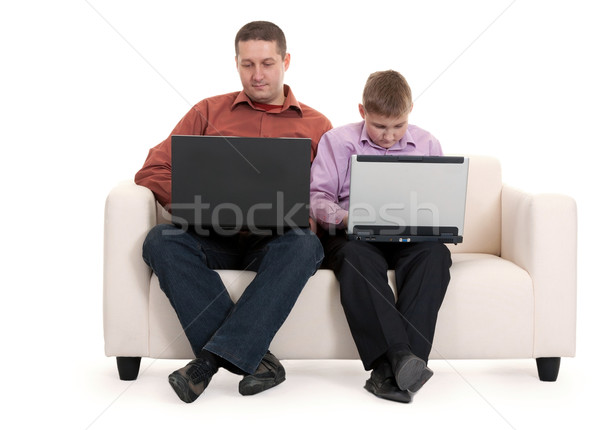 Apa fia ül kanapé laptopok számítógép arc Stock fotó © RuslanOmega
