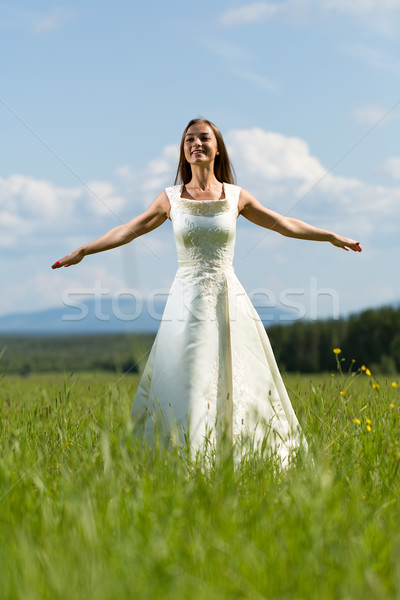 Stockfoto: Vrouw · trouwjurk · veld · meisje · armen · vliegen