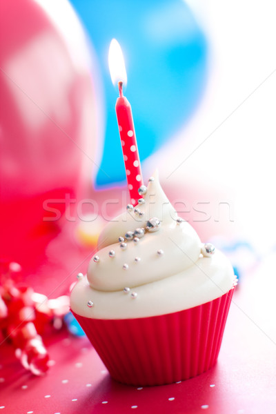 Stock foto: Geburtstag · Cupcake · dekoriert · Silber · Kerze · rot